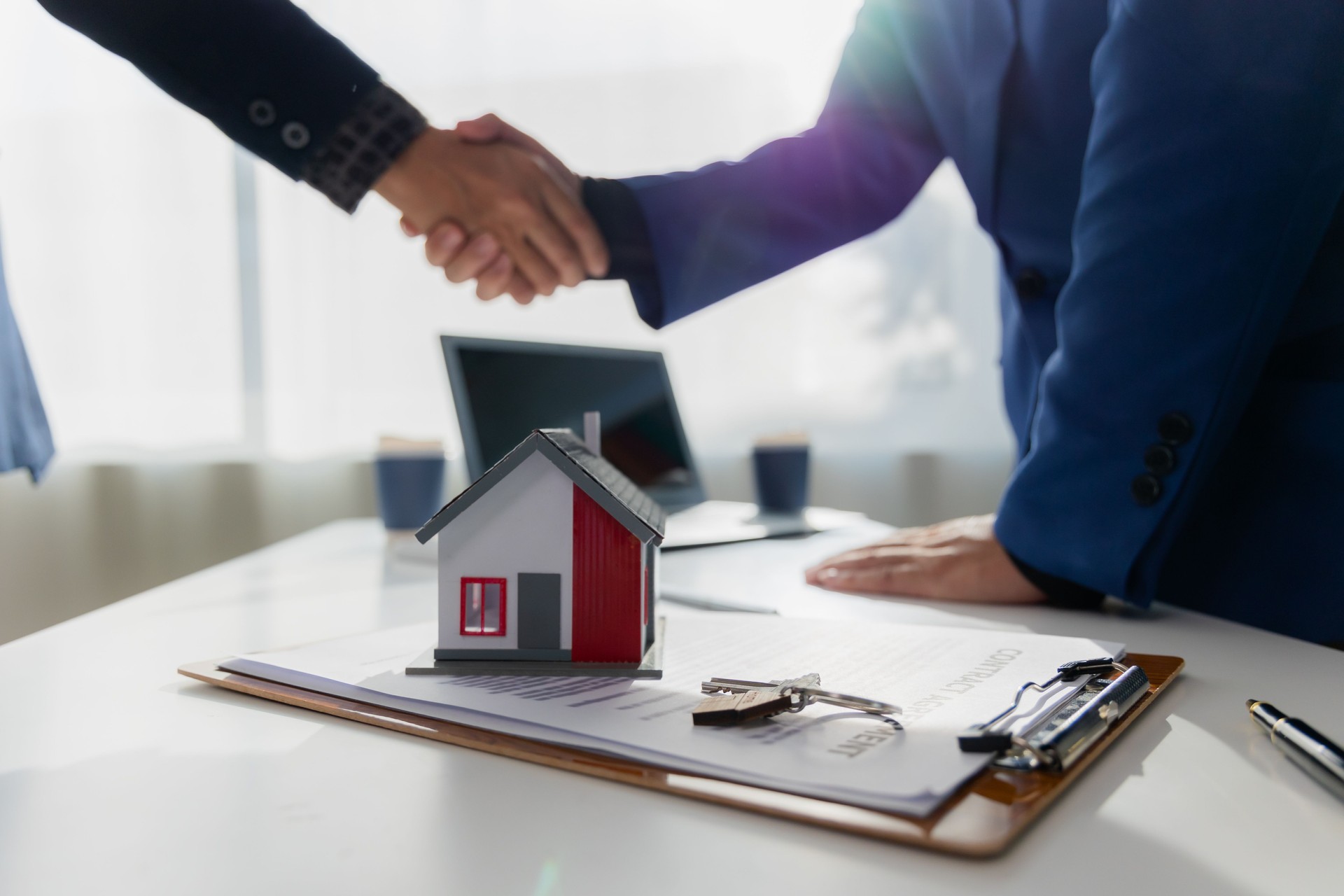 Real estate agent explains details to customer Explain and present information about buying a home and mortgages. Real estate trading concept